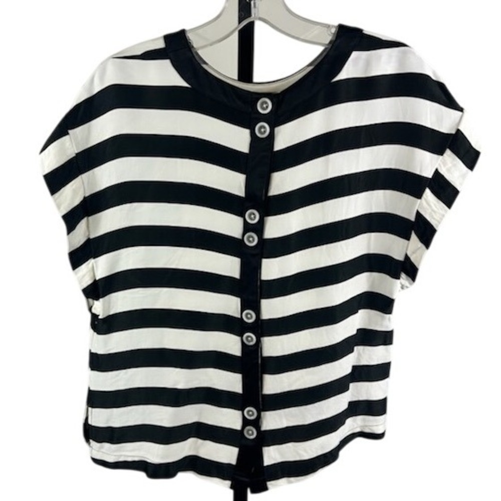 Anthropologie Maeve Black and White Striped Button-back Short Sleeve Top